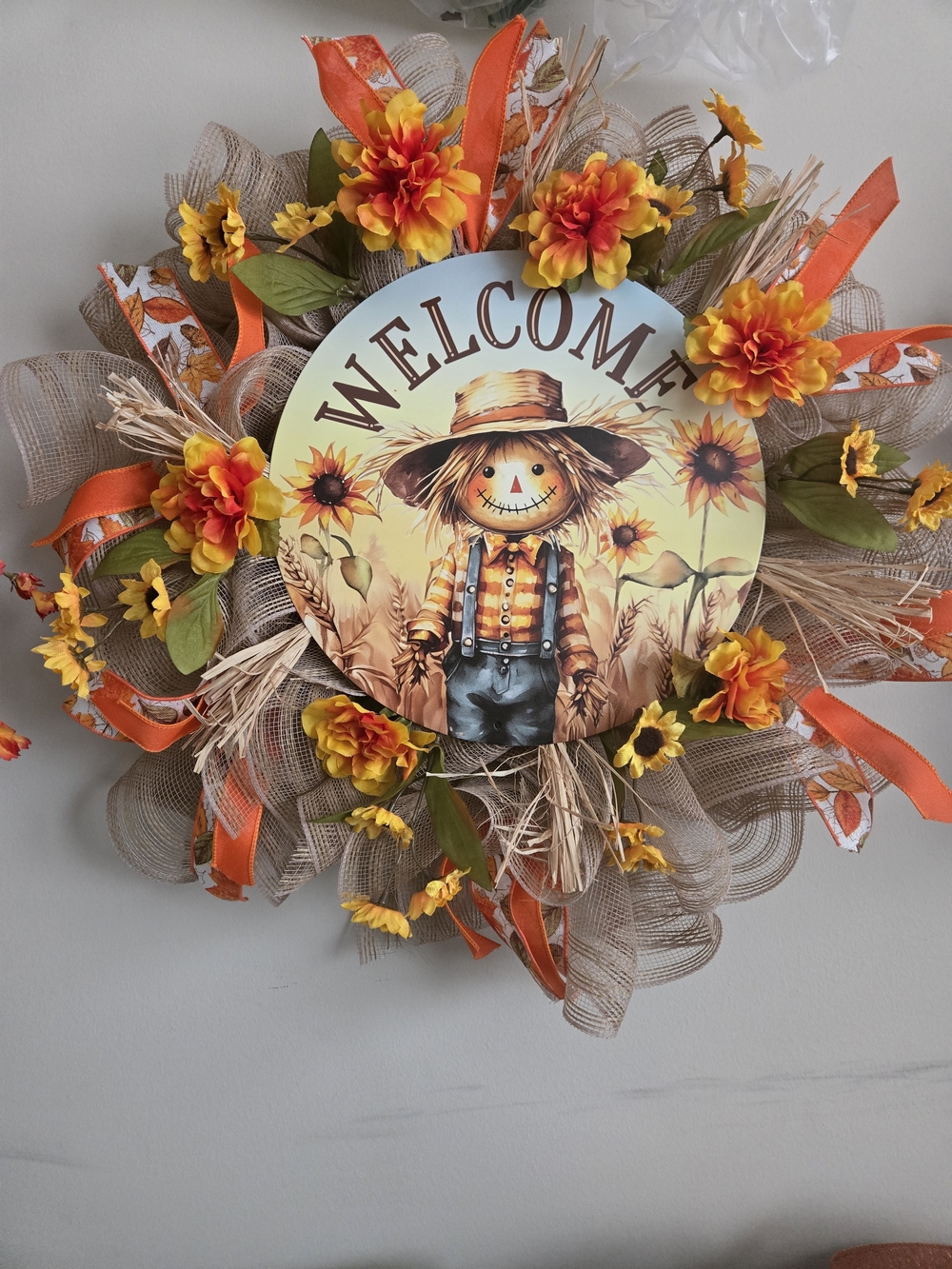 Fall Welcome Scarecrow Wreath with Sunflowers